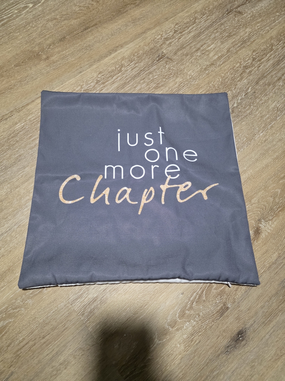 Just One More Chapter Bookish Pillow Cover - Gray with White And Gold Text